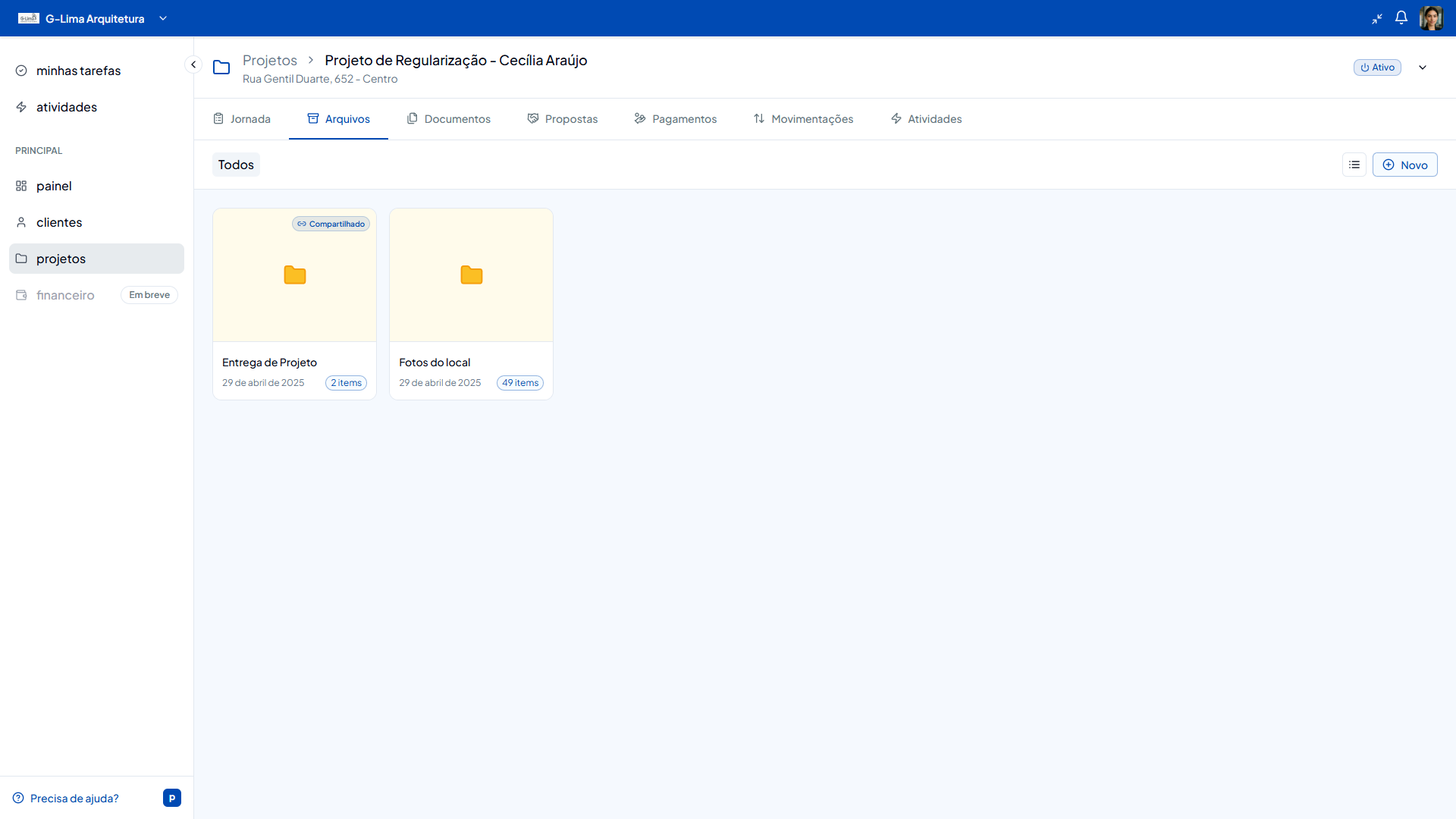 Gerenciamento de arquivos por projeto com pastas e opções de compartilhamento
